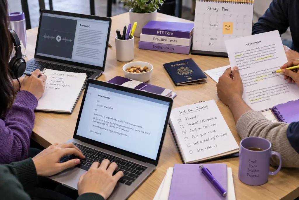 Hands reviewing a test-day checklist beside laptops and a closed identity booklet