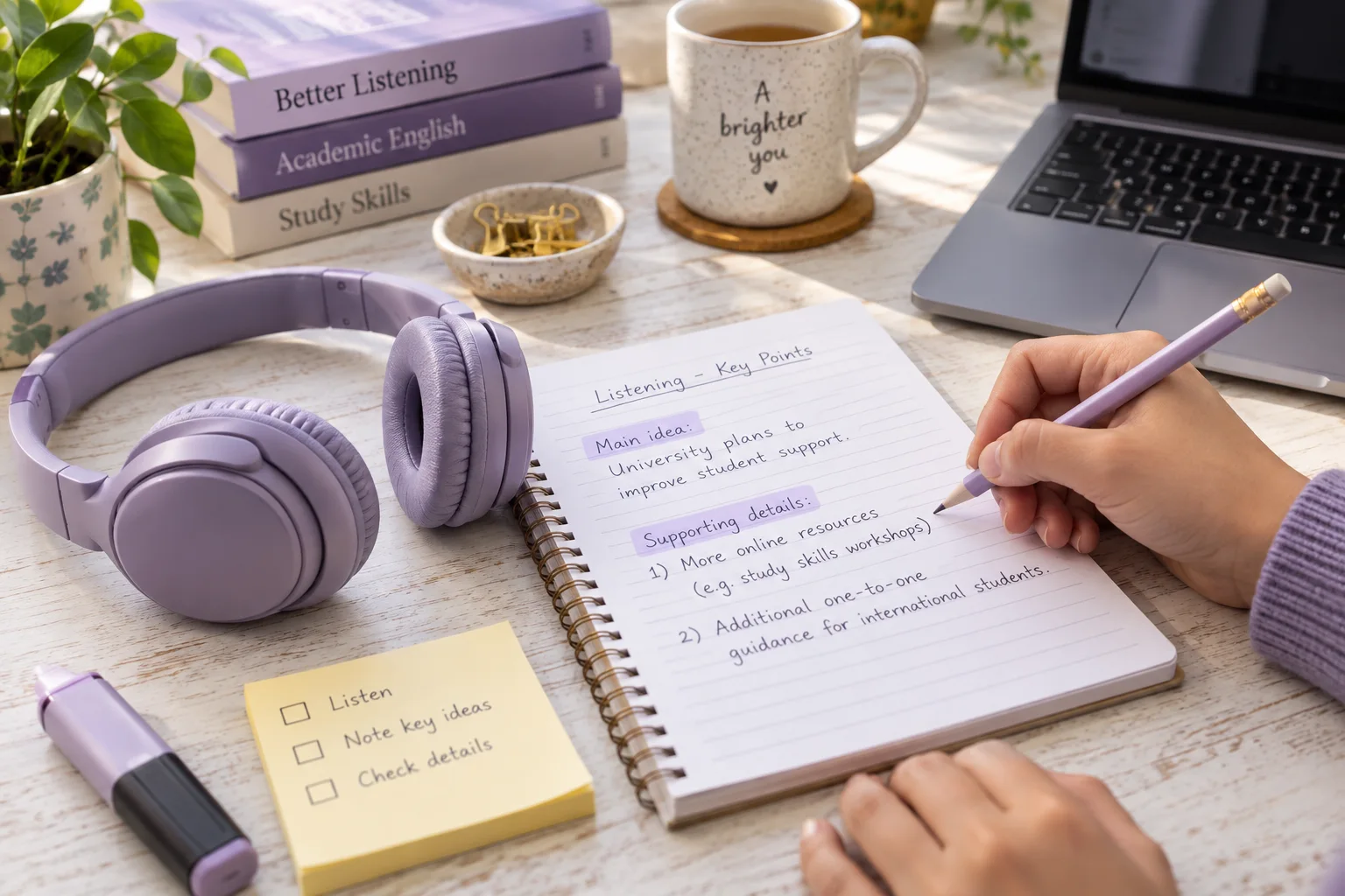 Headphones beside a concise listening outline and pencil