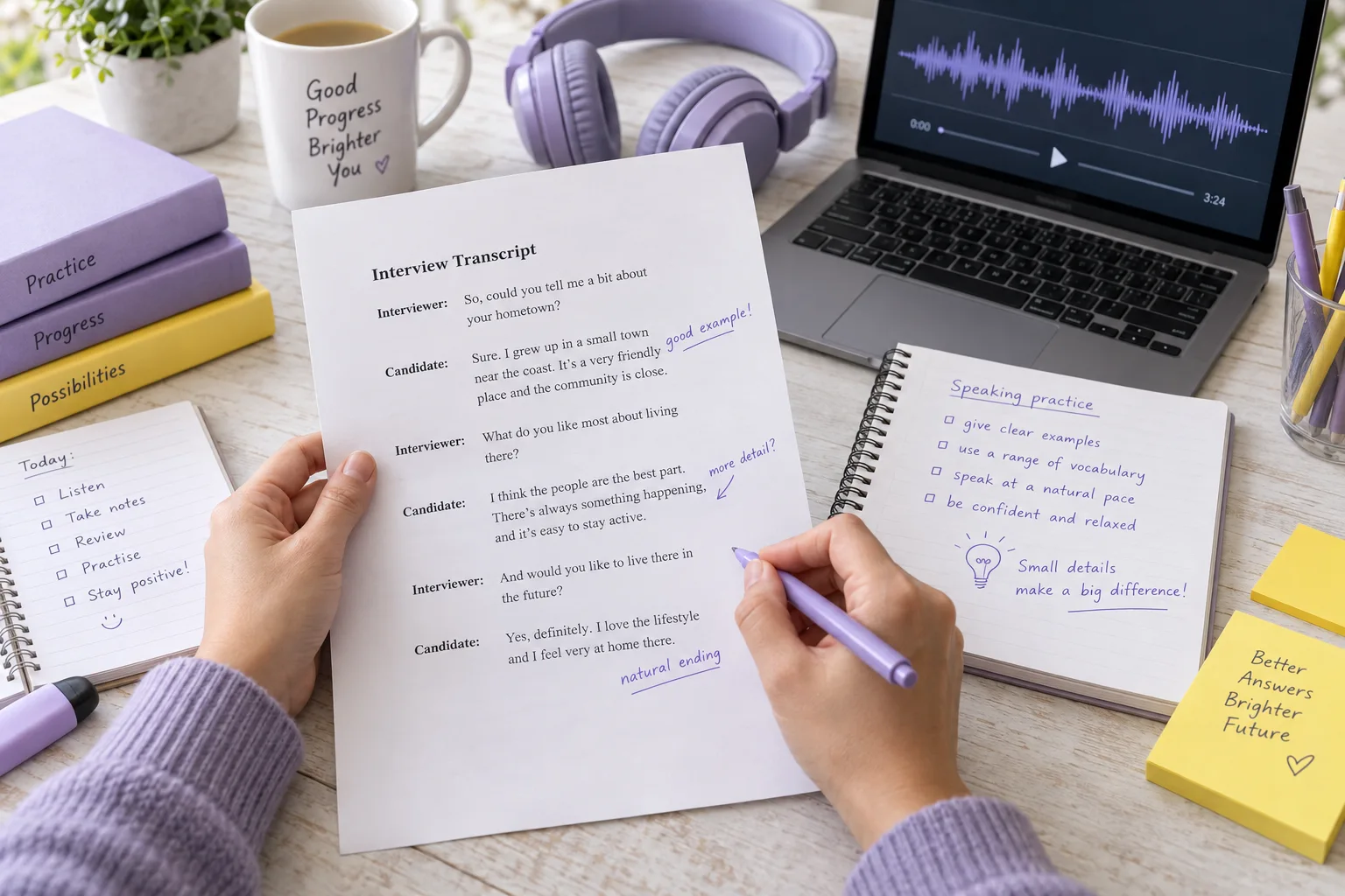 Hands comparing a transcript with corrections beside headphones