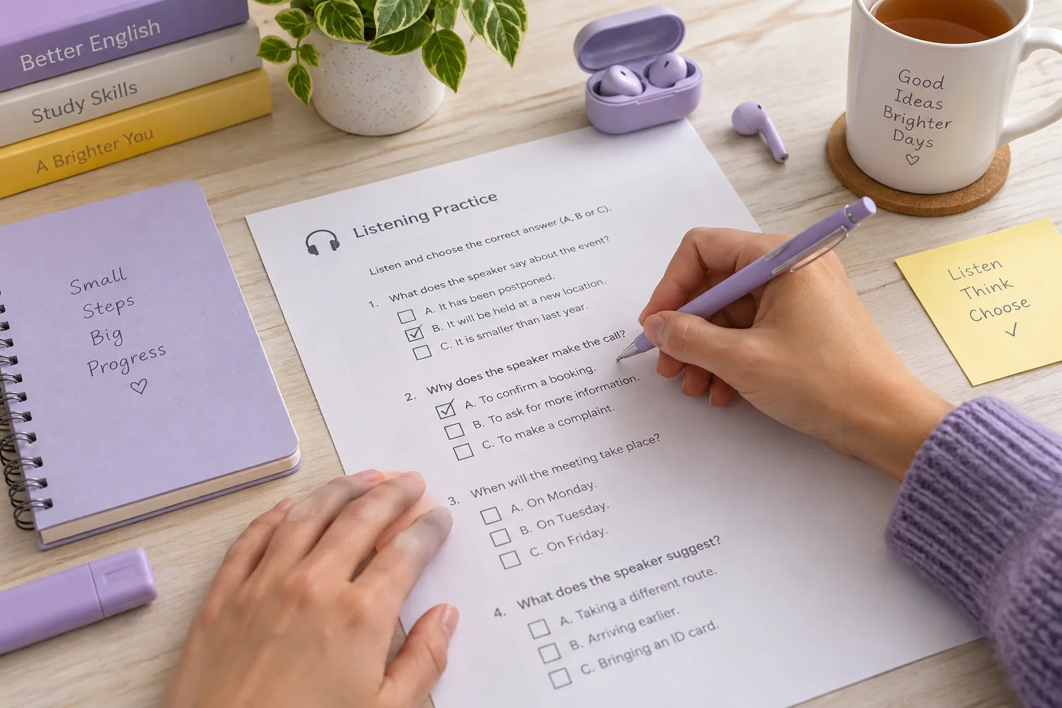 Hand marking supported answers on a listening practice worksheet