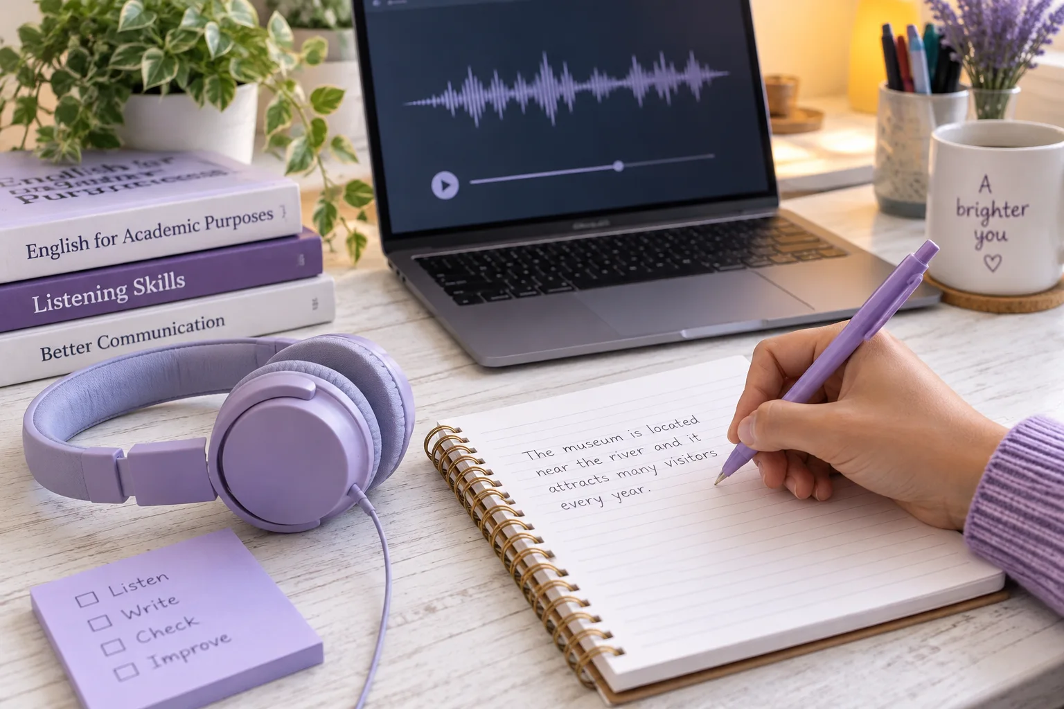 Hand writing a dictated sentence in a notebook beside headphones