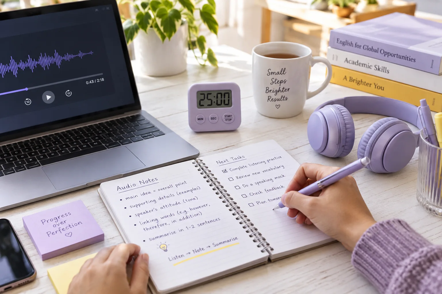 Timer and headphones beside brief listening notes and a practice checklist