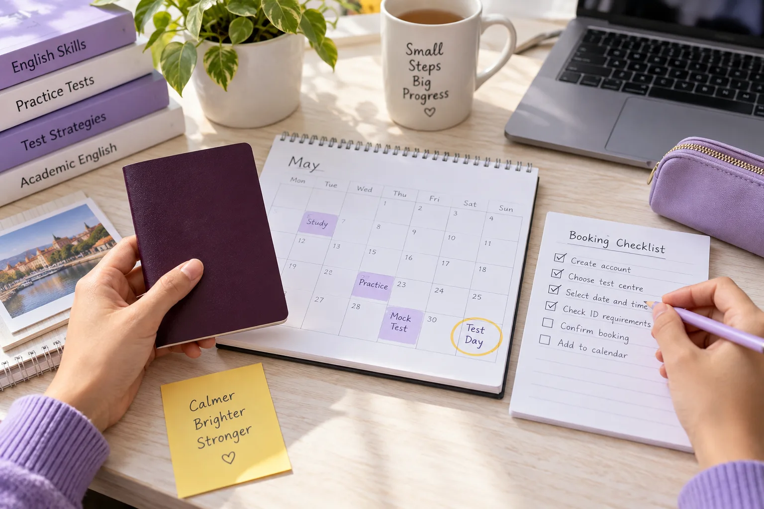 Study calendar and booking checklist beside a closed plain identity booklet