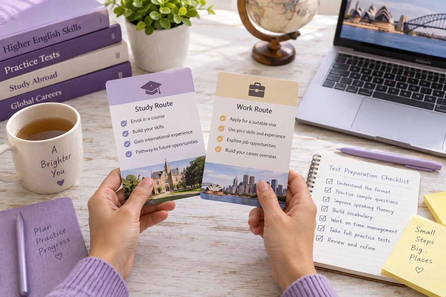 Hands comparing study and work application route cards