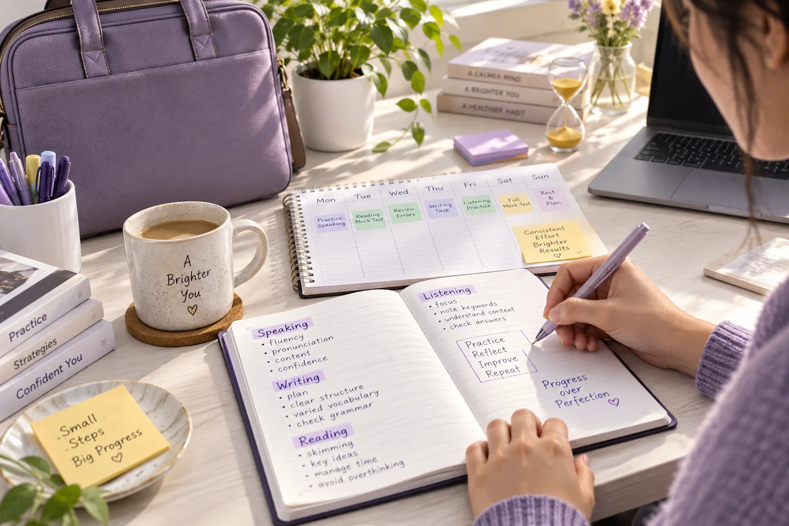 Weekly study planner beside a laptop bag and practice notebook