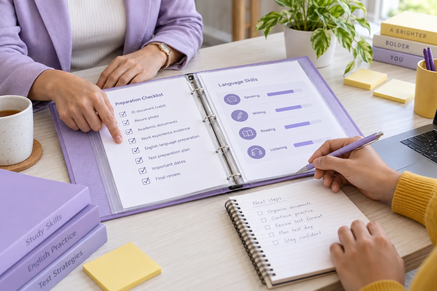 Counsellor and learner hands reviewing a language-skill evidence folder