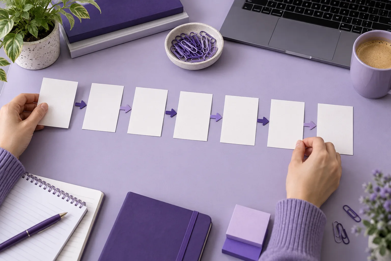 Hands arranging paragraph cards in sequence with connecting arrows