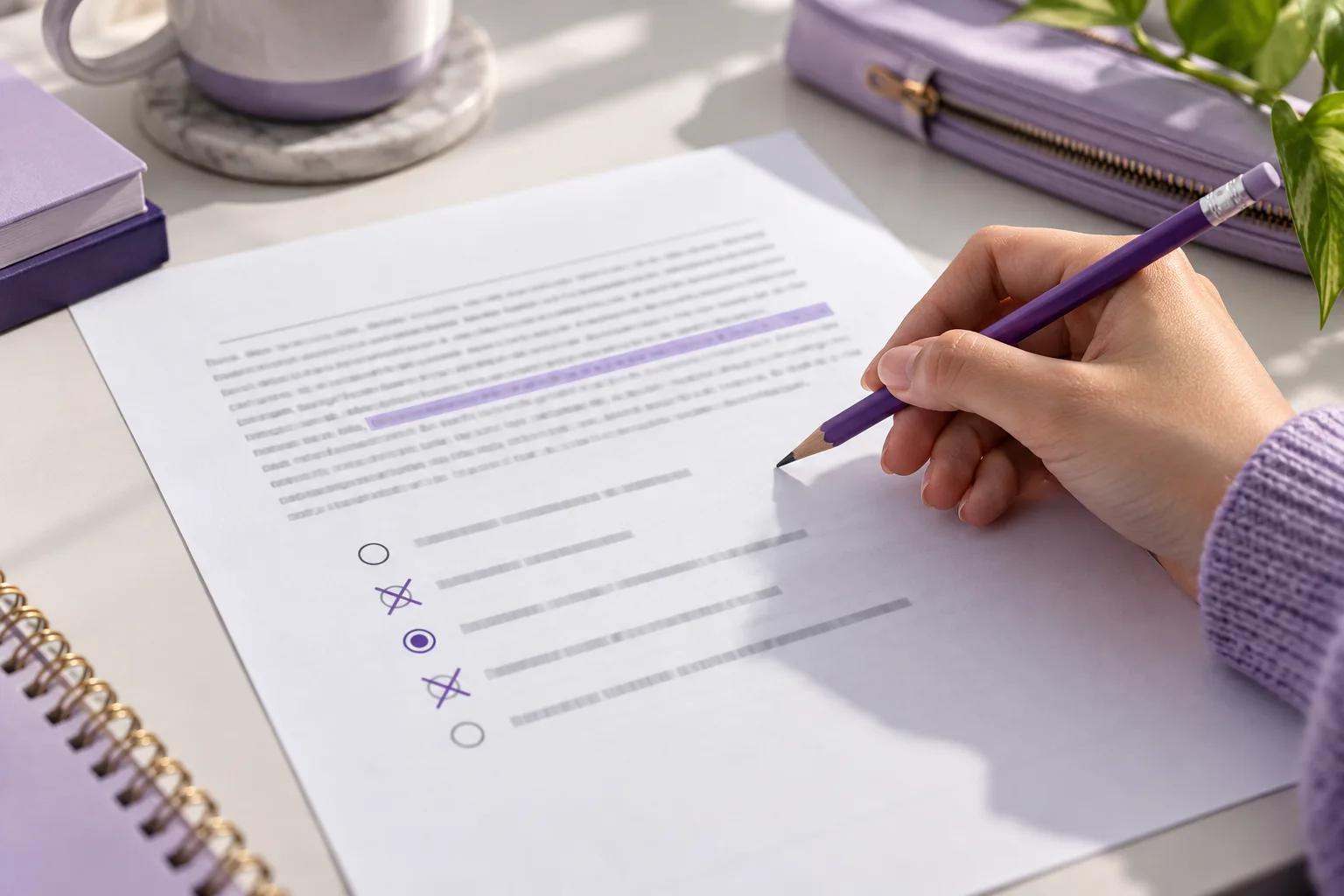 Hand reviewing multiple-choice options beside highlighted passage evidence