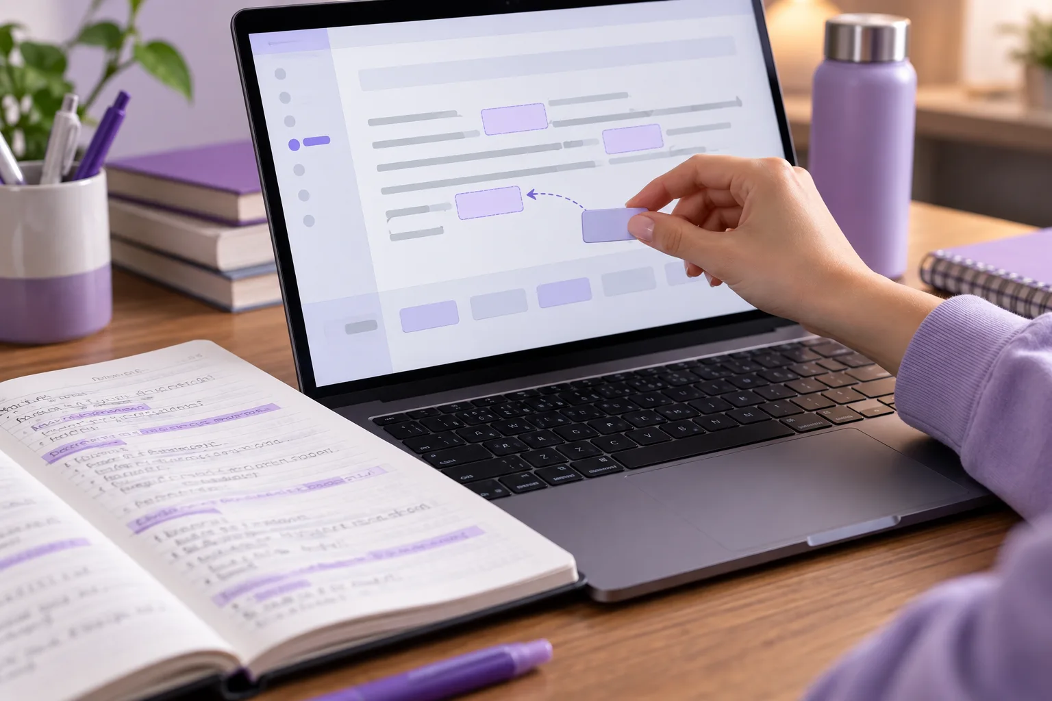 Hand holding a word tile beside a laptop reading exercise with blanks