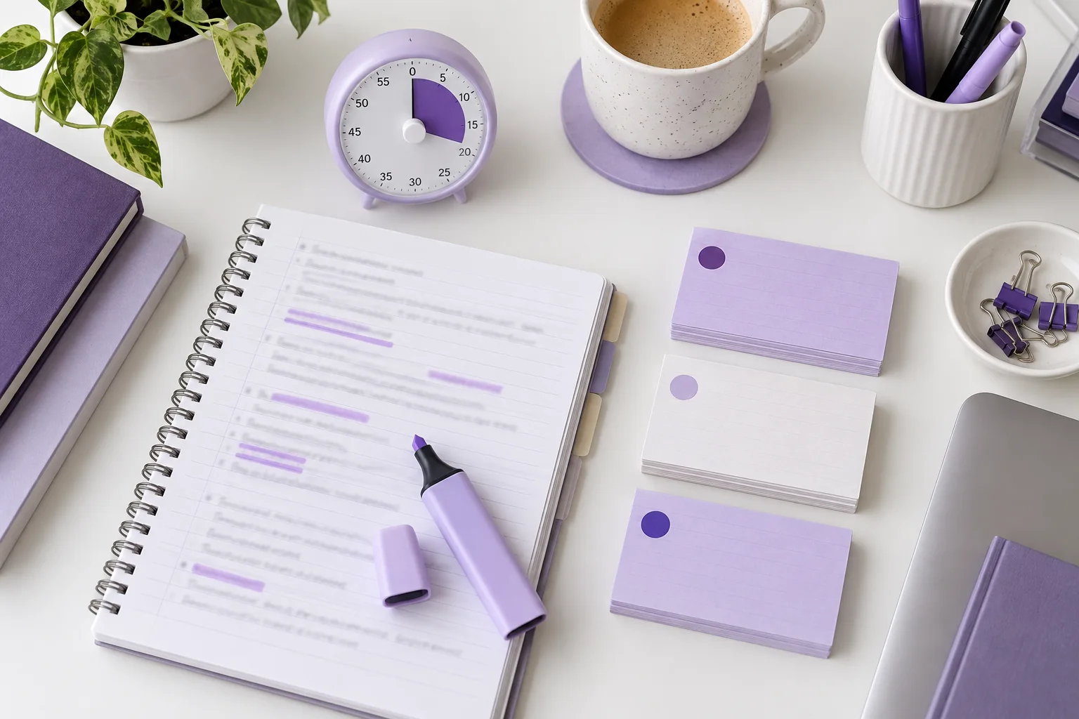 Timer, reading notes and priority cards arranged on a study desk