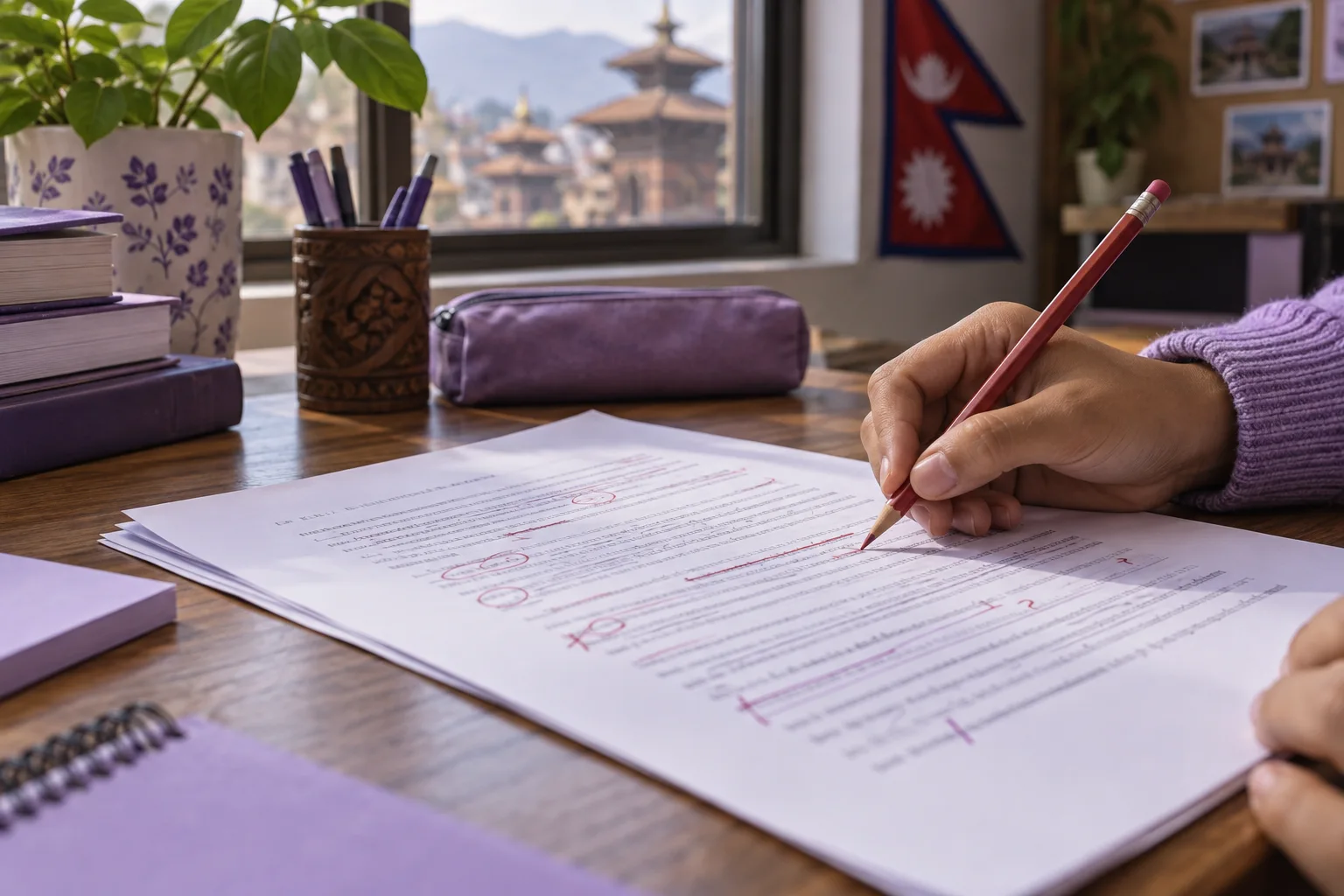 Hand proofreading a writing practice sheet with correction marks