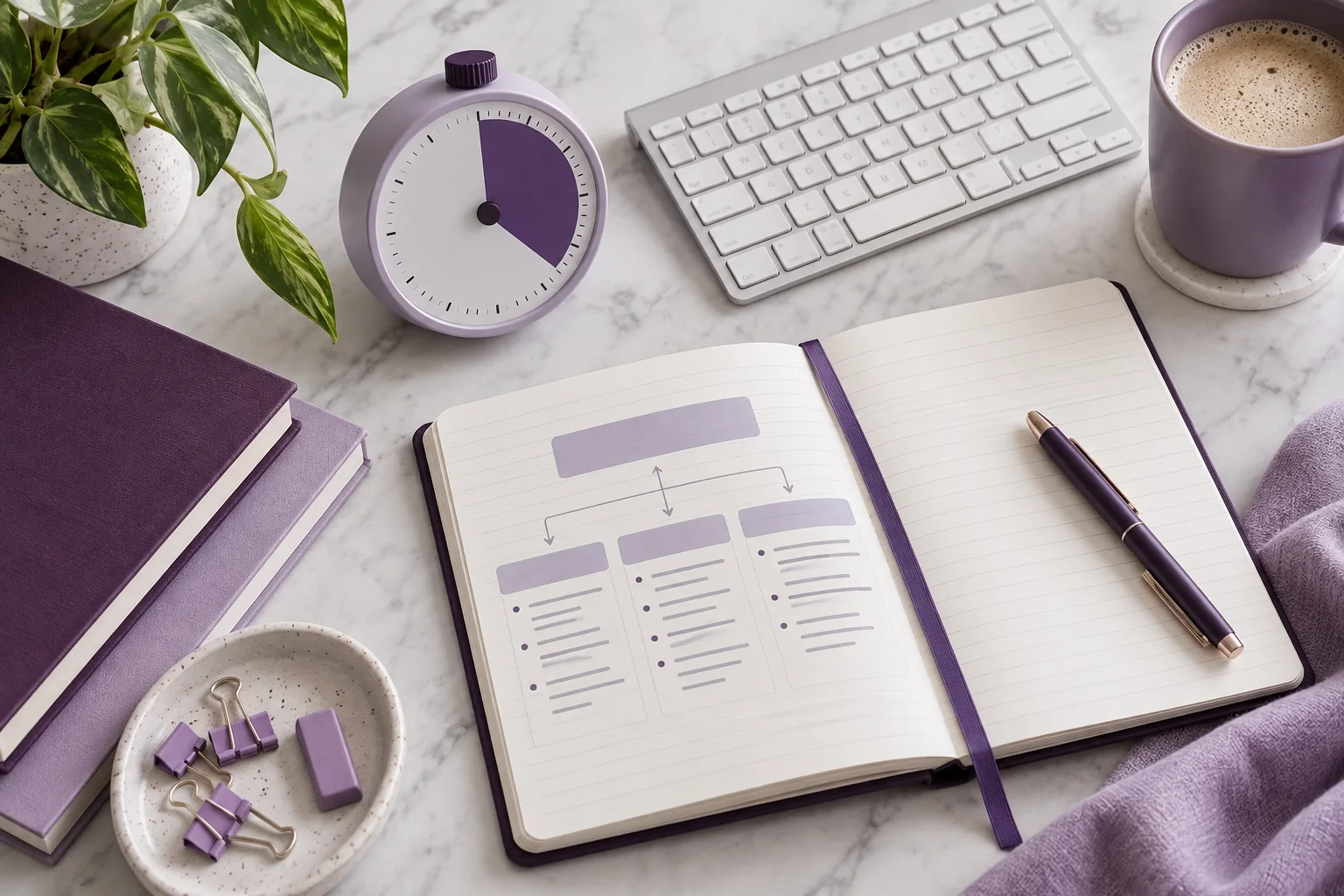 Timer and keyboard beside an essay outline for timed writing practice
