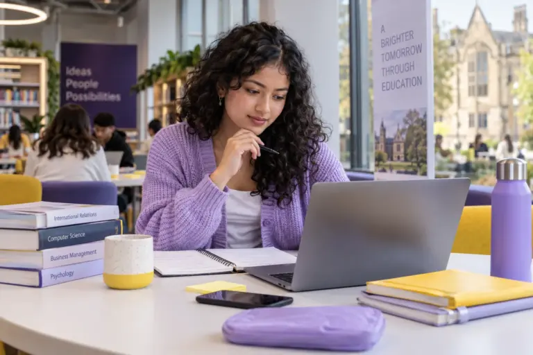 Young Nepali woman with curly hair comparing UK university courses and intake options using a laptop and notebook for UK study planning.