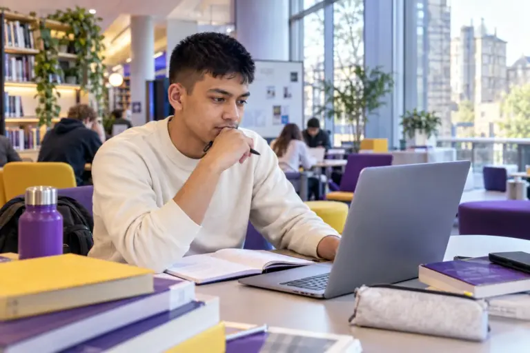 Young Nepali man with cropped hair comparing UK university courses and intake options using a laptop and notebook for UK study planning.