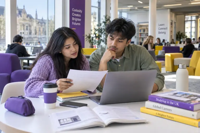 Two Nepali students, one woman and one man comparing a personal study budget worksheet and university tuition information on a laptop for UK study planning.