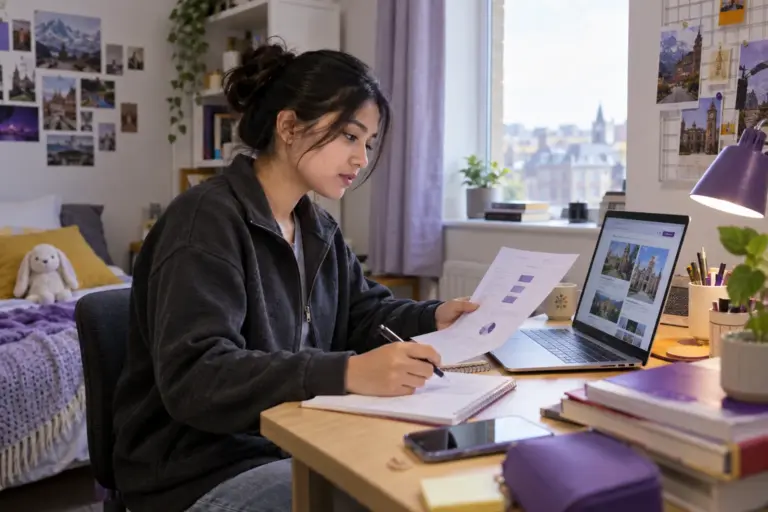 Young Nepali woman with tied-back hair comparing a personal study budget worksheet and university tuition information on a laptop for UK study planning.