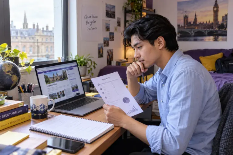 Young Nepali man with swept-back hair comparing a personal study budget worksheet and university tuition information on a laptop for UK study planning.