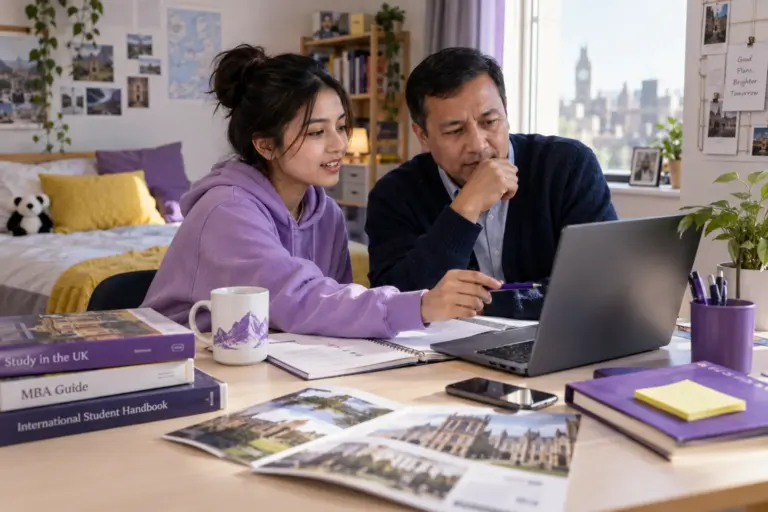 Nepali student discussing plans with a parent comparing a personal study budget worksheet and university tuition information on a laptop for UK study planning.