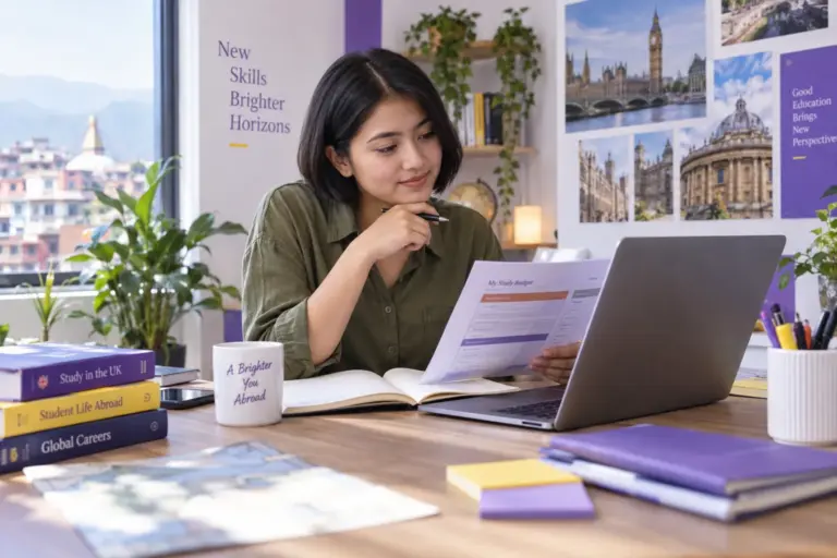 Young Nepali woman with a short bob comparing a personal study budget worksheet and university tuition information on a laptop for UK study planning.