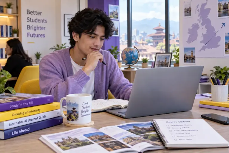 Young Nepali man with wavy hair comparing UK university courses and intake options using a laptop and notebook for UK study planning.
