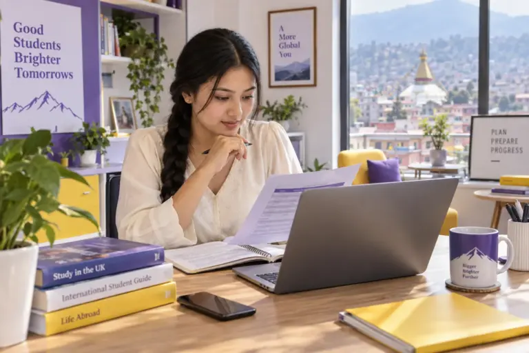 Young Nepali woman with a long braid comparing a personal study budget worksheet and university tuition information on a laptop for UK study planning.