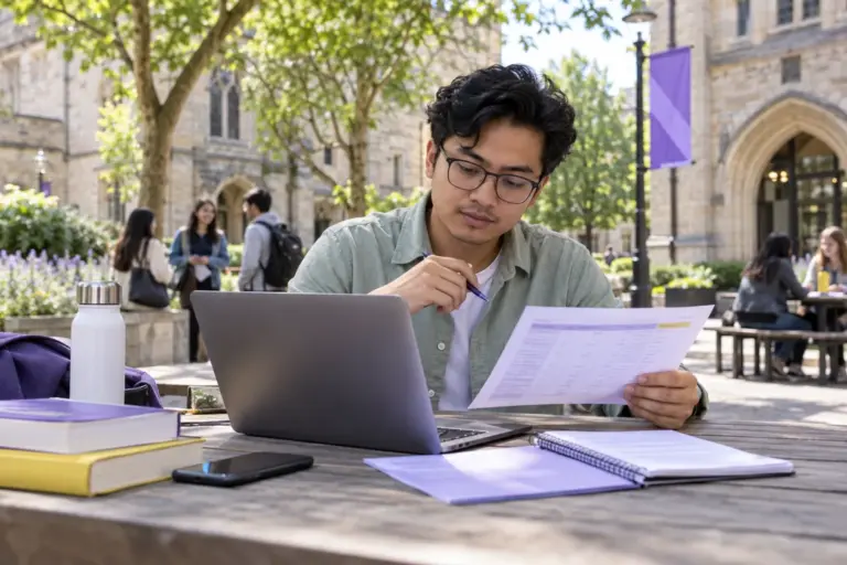 Young Nepali man with glasses comparing a personal study budget worksheet and university tuition information on a laptop for UK study planning.