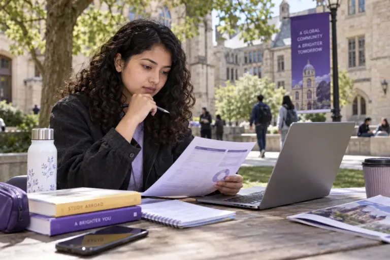 Young Nepali woman with curly hair comparing a personal study budget worksheet and university tuition information on a laptop for UK study planning.
