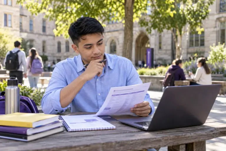 Young Nepali man with cropped hair comparing a personal study budget worksheet and university tuition information on a laptop for UK study planning.