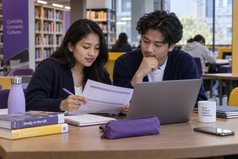 Two Nepali students, one woman and one man comparing a personal study budget worksheet and university tuition information on a laptop for UK study planning.
