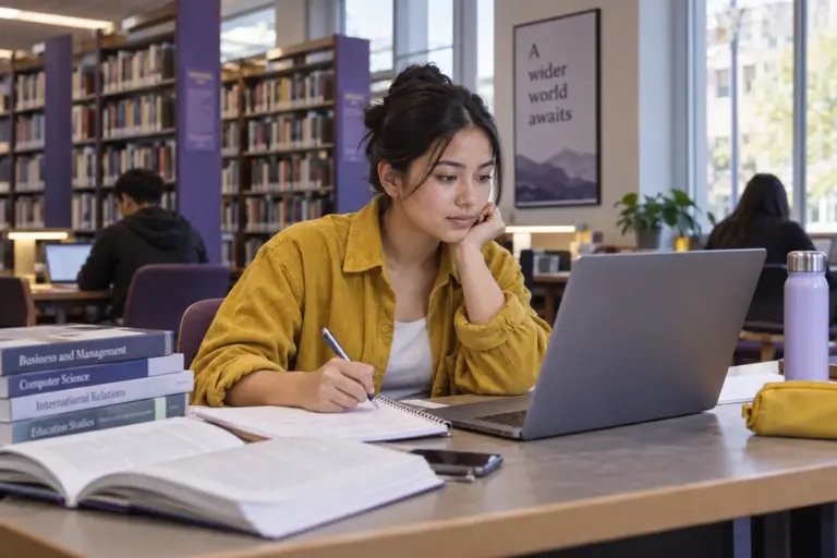 Young Nepali woman with tied-back hair comparing UK university courses and intake options using a laptop and notebook for UK study planning.