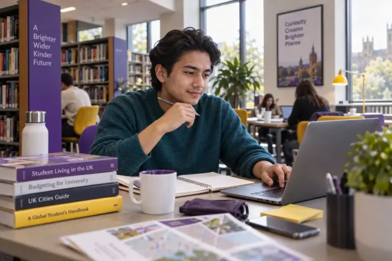 Young Nepali man with swept-back hair planning student accommodation and everyday campus life with a notebook and laptop in a welcoming UK study setting for UK study planning.
