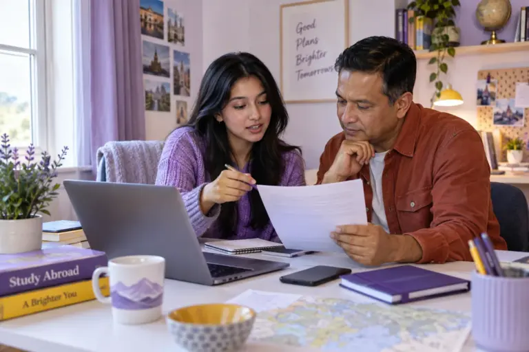 Nepali student discussing plans with a parent reviewing an unbranded study application document checklist with a laptop for UK study planning.