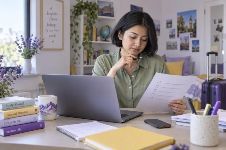 Young Nepali woman with a short bob reviewing an unbranded study application document checklist with a laptop for UK study planning.
