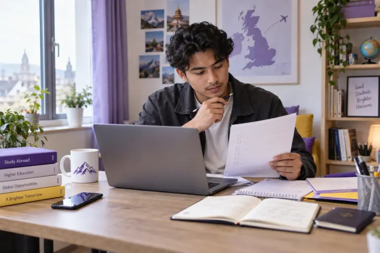 Young Nepali man with wavy hair reviewing an unbranded study application document checklist with a laptop for UK study planning.