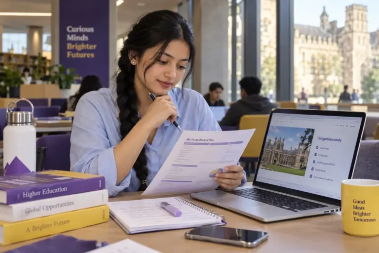 Young Nepali woman with a long braid comparing a personal study budget worksheet and university tuition information on a laptop for UK study planning.