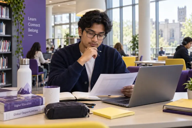 Young Nepali man with glasses comparing a personal study budget worksheet and university tuition information on a laptop for UK study planning.