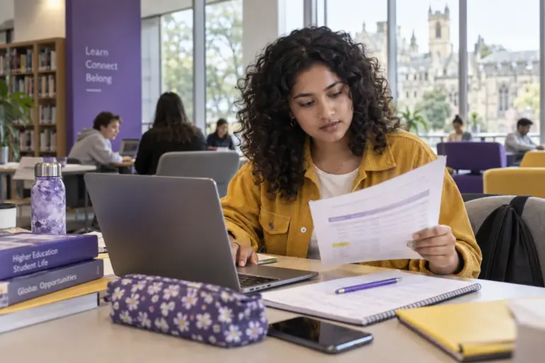 Young Nepali woman with curly hair comparing a personal study budget worksheet and university tuition information on a laptop for UK study planning.