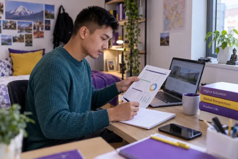 Young Nepali man with cropped hair comparing a personal study budget worksheet and university tuition information on a laptop for UK study planning.