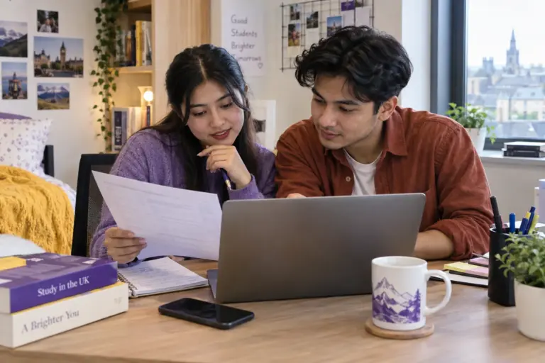 Two Nepali students, one woman and one man comparing a personal study budget worksheet and university tuition information on a laptop for UK study planning.