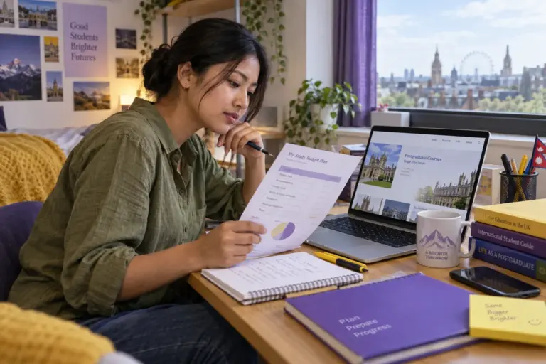 Young Nepali woman with tied-back hair comparing a personal study budget worksheet and university tuition information on a laptop for UK study planning.