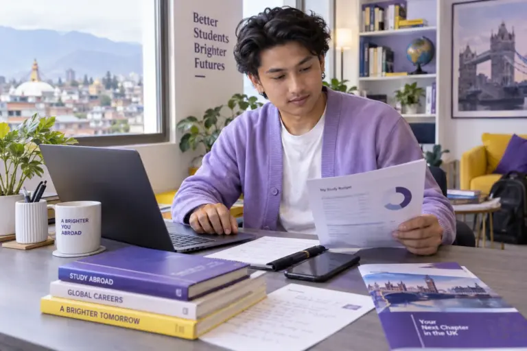 Young Nepali man with swept-back hair comparing a personal study budget worksheet and university tuition information on a laptop for UK study planning.
