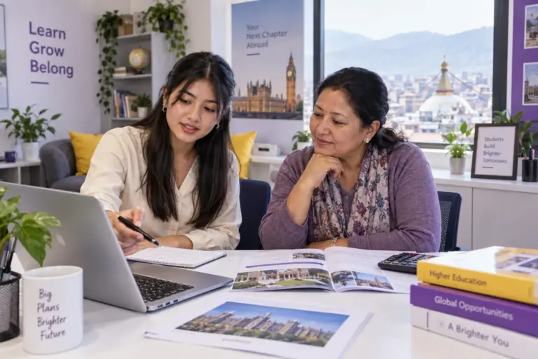 Nepali student discussing plans with a parent comparing a personal study budget worksheet and university tuition information on a laptop for UK study planning.