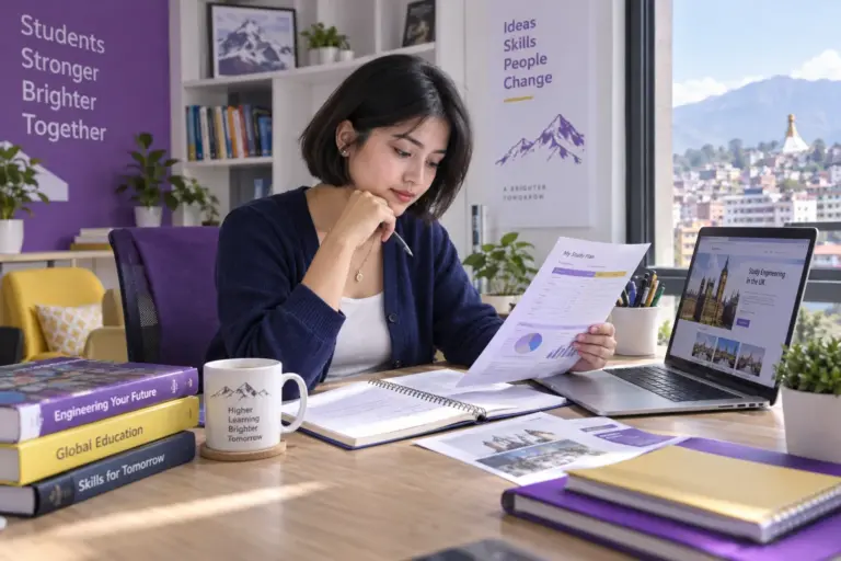 Young Nepali woman with a short bob comparing a personal study budget worksheet and university tuition information on a laptop for UK study planning.