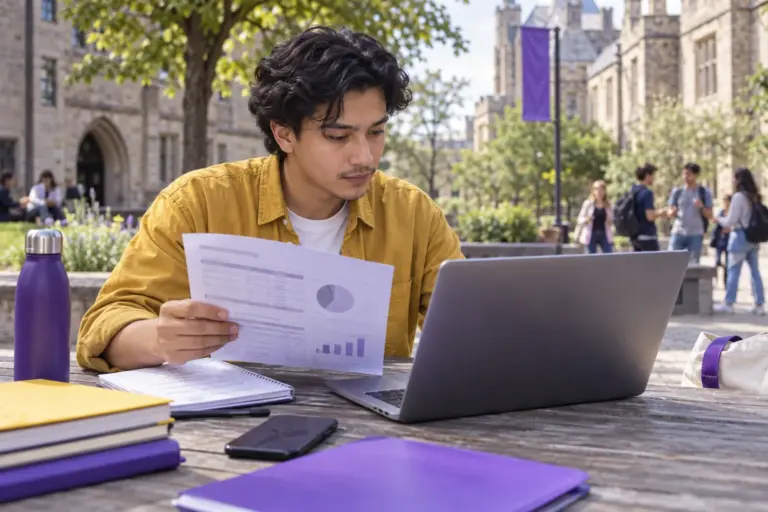 Young Nepali man with wavy hair comparing a personal study budget worksheet and university tuition information on a laptop for UK study planning.