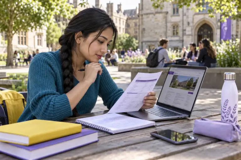Young Nepali woman with a long braid comparing a personal study budget worksheet and university tuition information on a laptop for UK study planning.