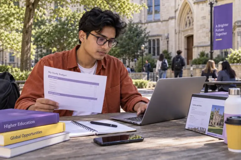 Young Nepali man with glasses comparing a personal study budget worksheet and university tuition information on a laptop for UK study planning.