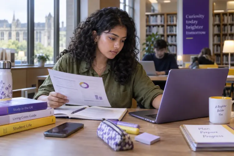 Young Nepali woman with curly hair comparing a personal study budget worksheet and university tuition information on a laptop for UK study planning.