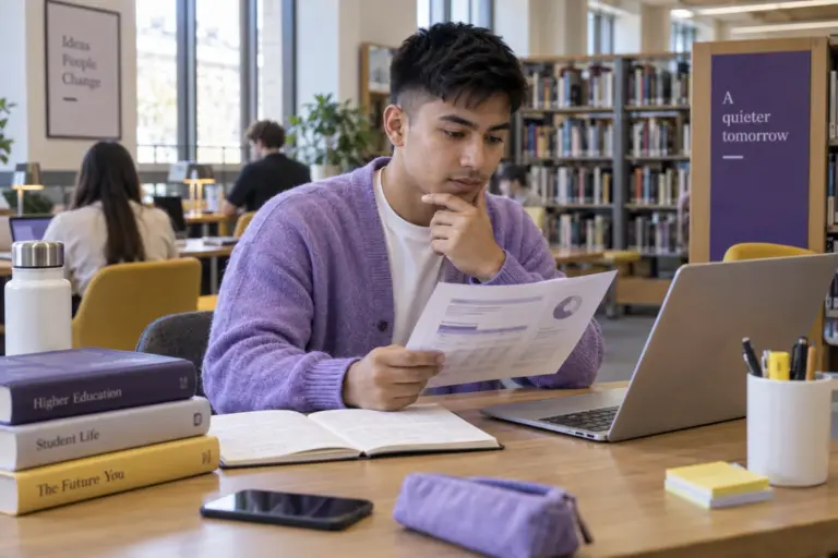 Young Nepali man with cropped hair comparing a personal study budget worksheet and university tuition information on a laptop for UK study planning.