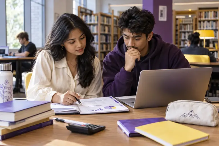 Two Nepali students, one woman and one man comparing a personal study budget worksheet and university tuition information on a laptop for UK study planning.