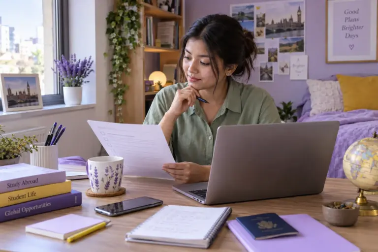 Young Nepali woman with tied-back hair reviewing an unbranded study application document checklist with a laptop for UK study planning.